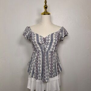japna white blue red babydoll blouse top geometric boho coquette dainty coquette
